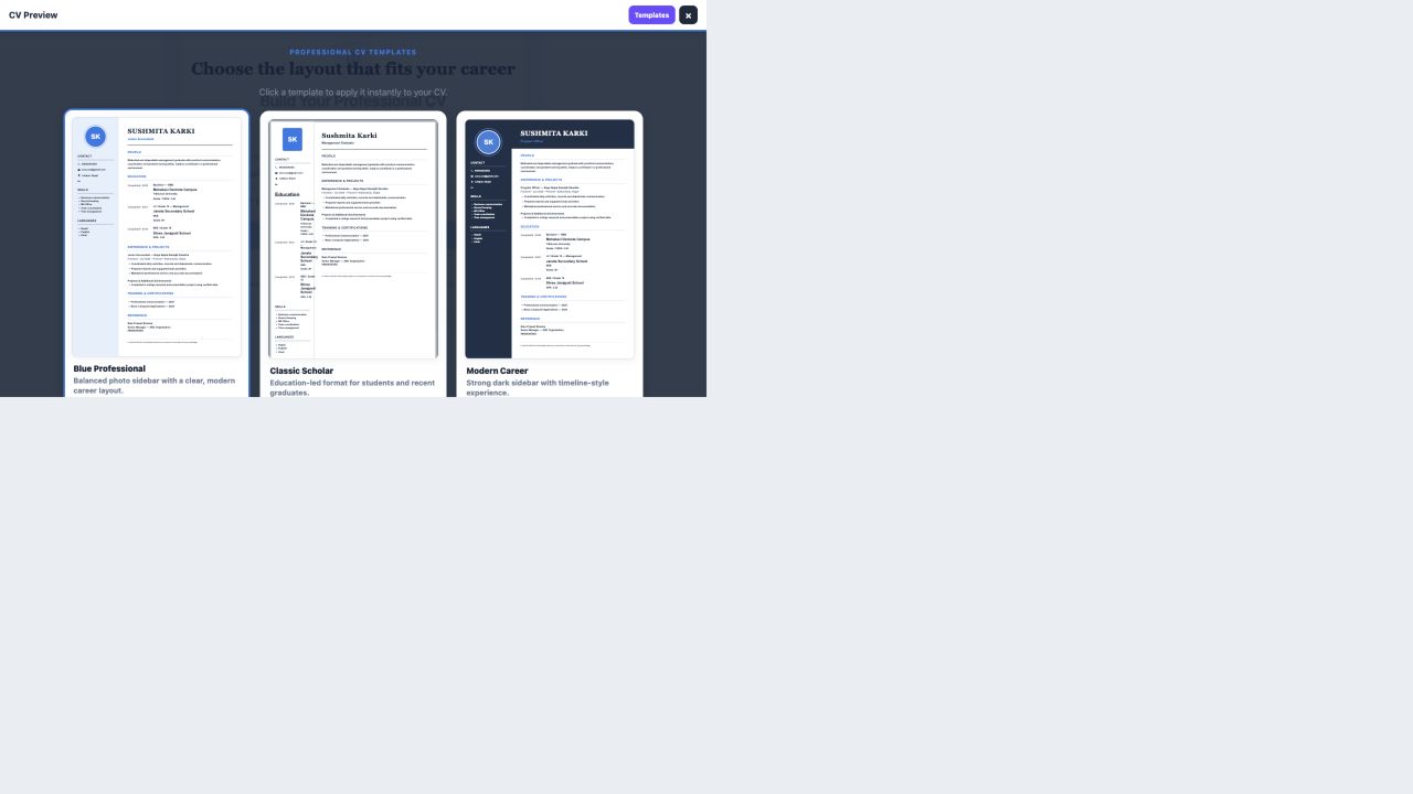 Actual CareerCraft CV application preview
