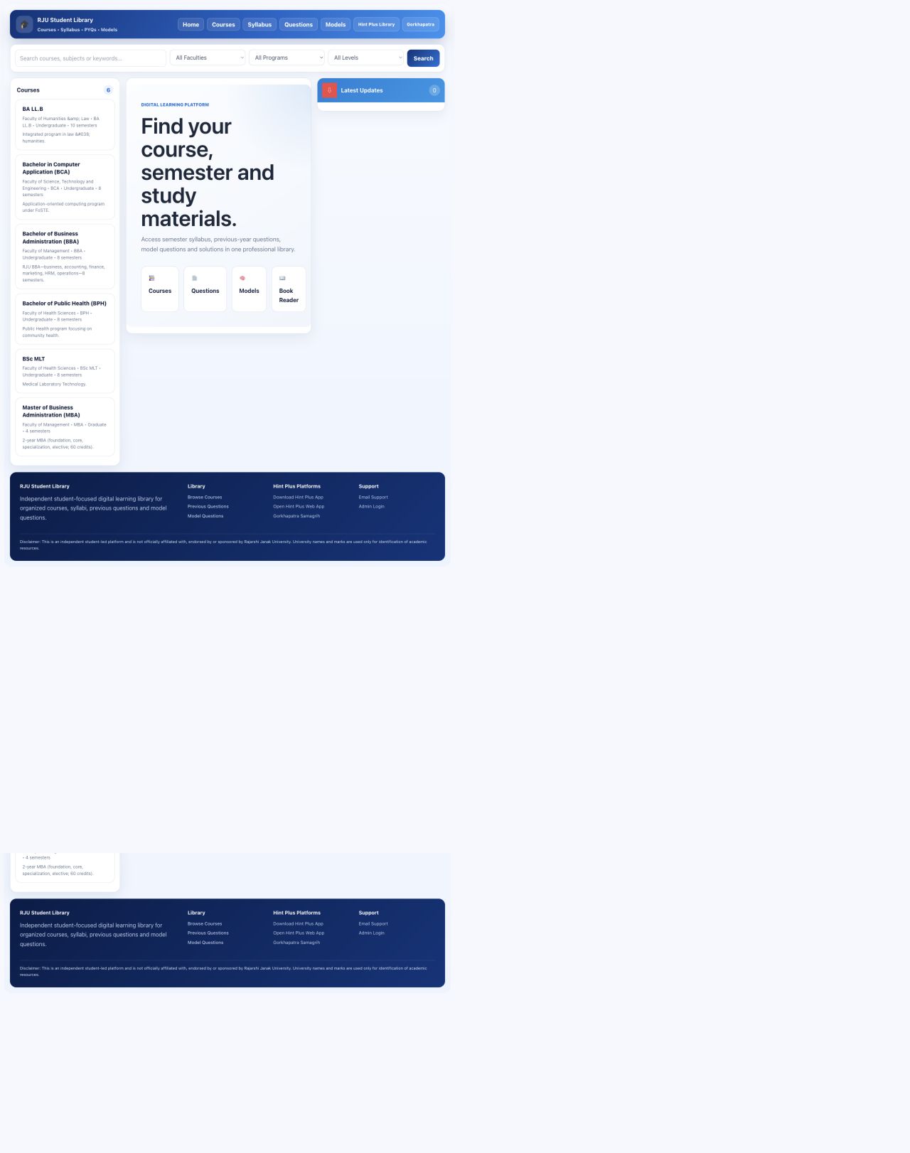 Actual RJU Student Library homepage preview
